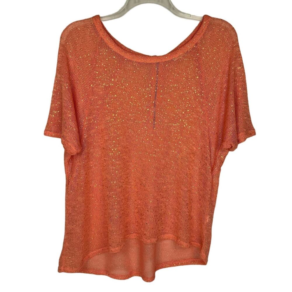 Cato Coral Knit‎ Metallic Gold Flake Zipper Eclectic Bright Asymmetric Top Sz XL